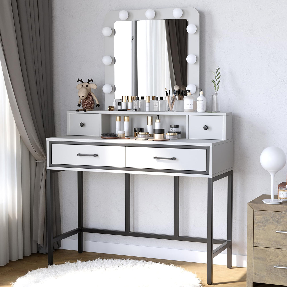 White Vanity Desk with Lighted Mirror and 4 Drawers U935369