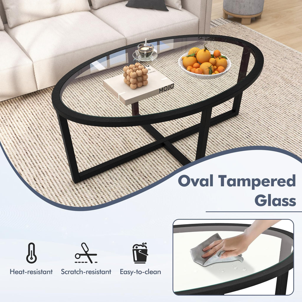 Black Oval Glass Coffee Table with Acacia Wood Legs O249