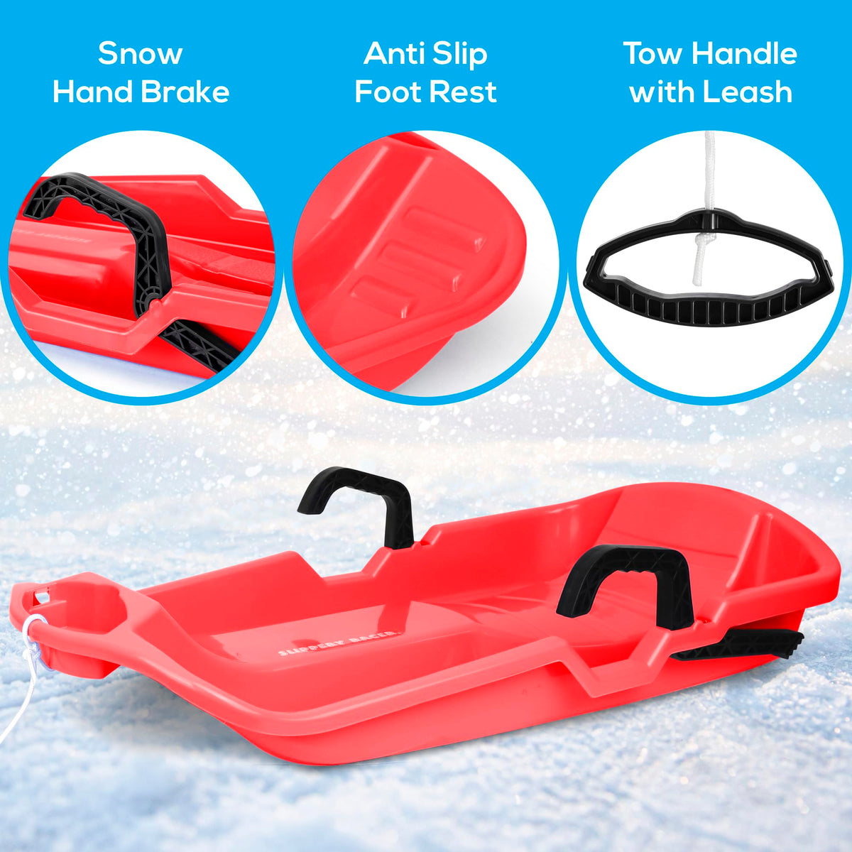 Red Flexible Plastic Toboggan Snow Sled with Brake Q6319