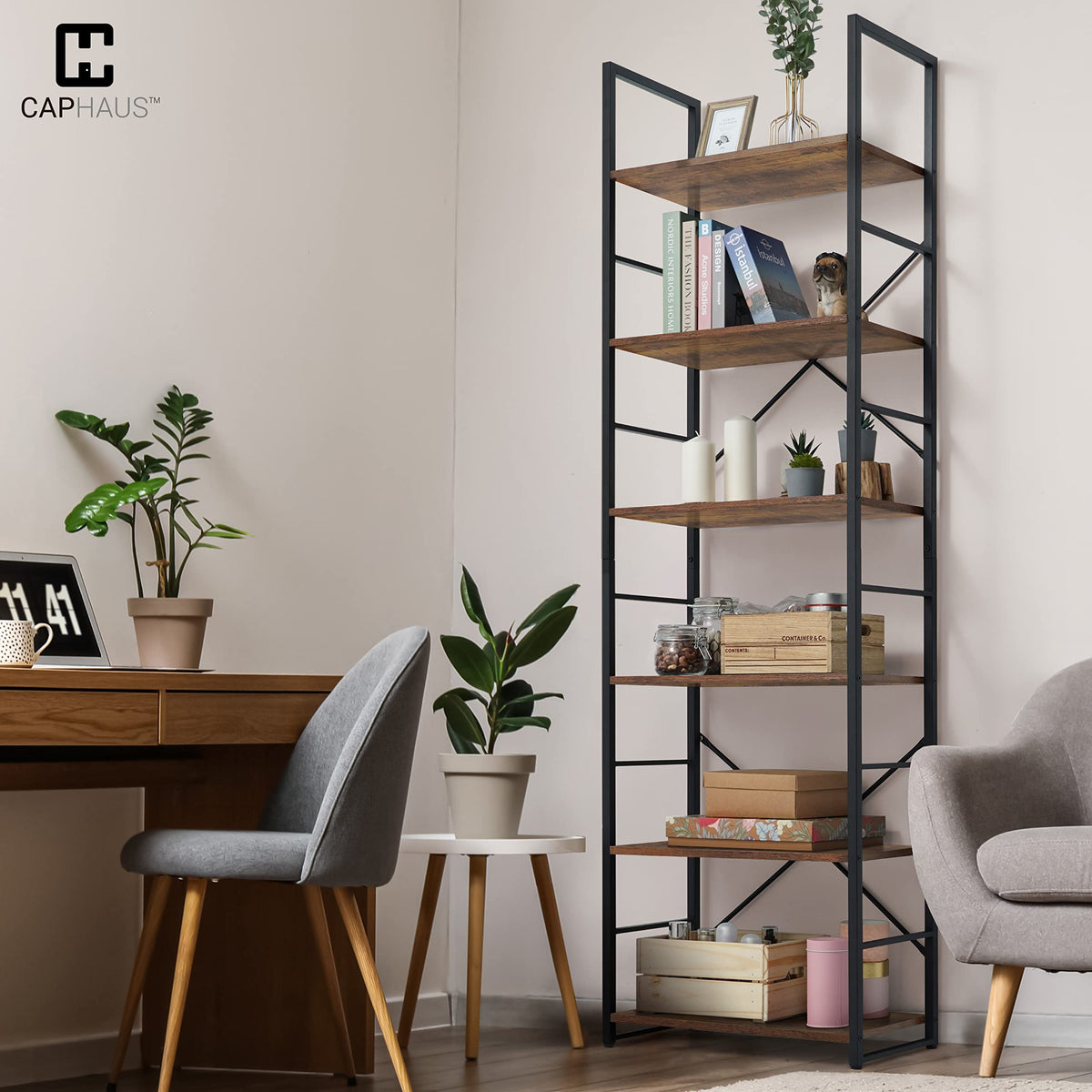 6 Tier 24 Inch Rustic Oak Bookshelf A178