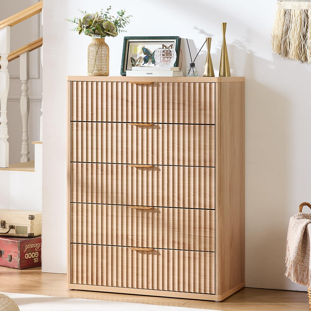 Fluted 5 Drawers Natural Wood Dresser B27778