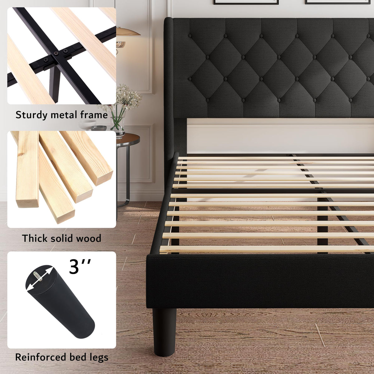 Queen Size Upholstered Platform Bed Frame with Tufted Headboard V6981