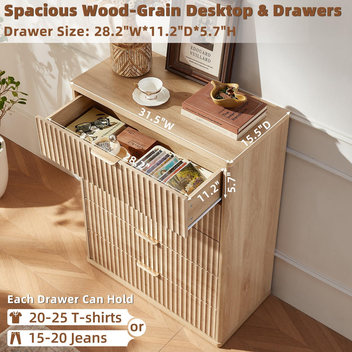 Fluted 5 Drawers Natural Wood Dresser B27778