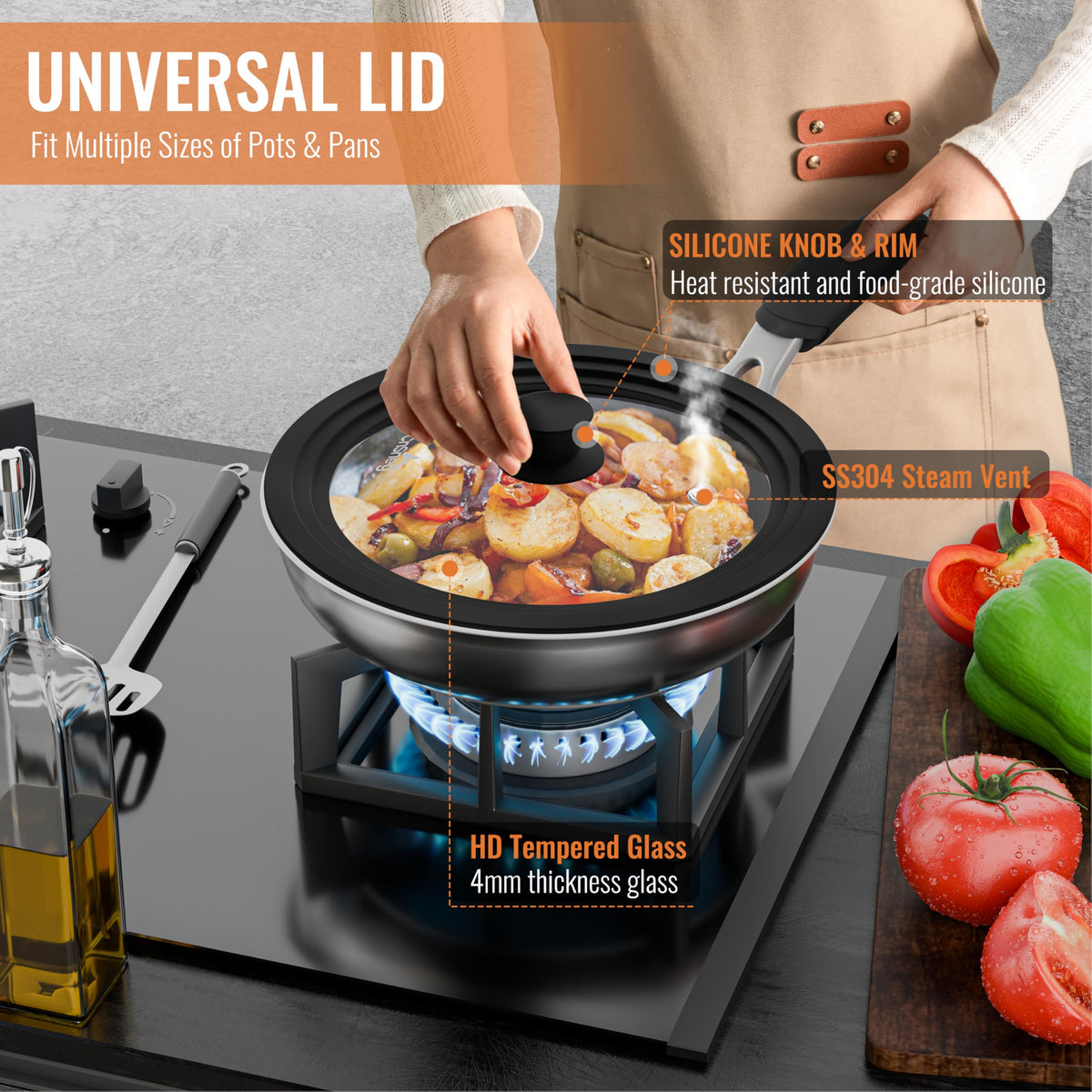 Tempered Glass Pot Lid with Silicone Rim, 10.5", 11" and 12" S329326