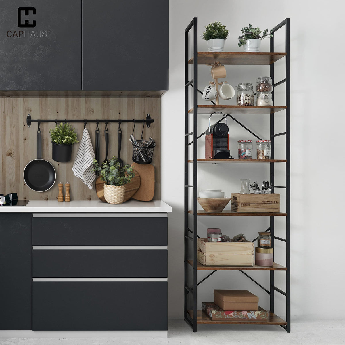 6 Tier 24 Inch Rustic Oak Bookshelf A178