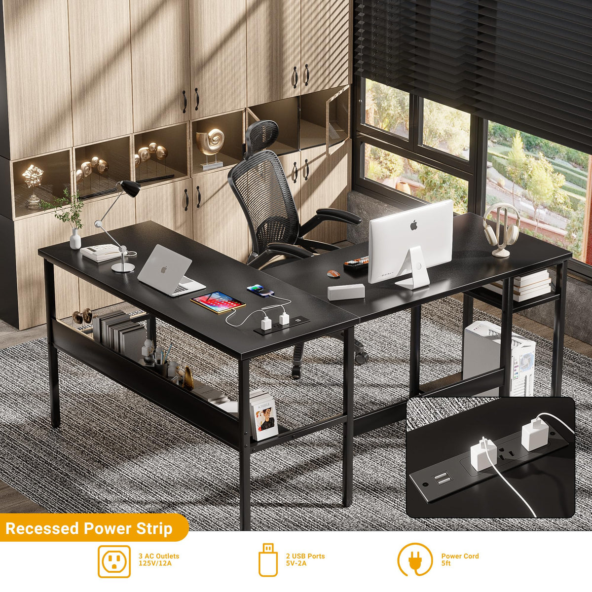 Black Reversible L Shaped Computer Desk with Power Outlets and Storage Shelves O364