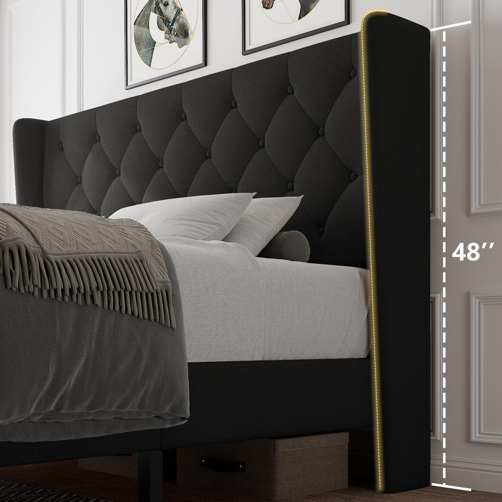 Queen Size Upholstered Platform Bed Frame with Tufted Headboard V6981