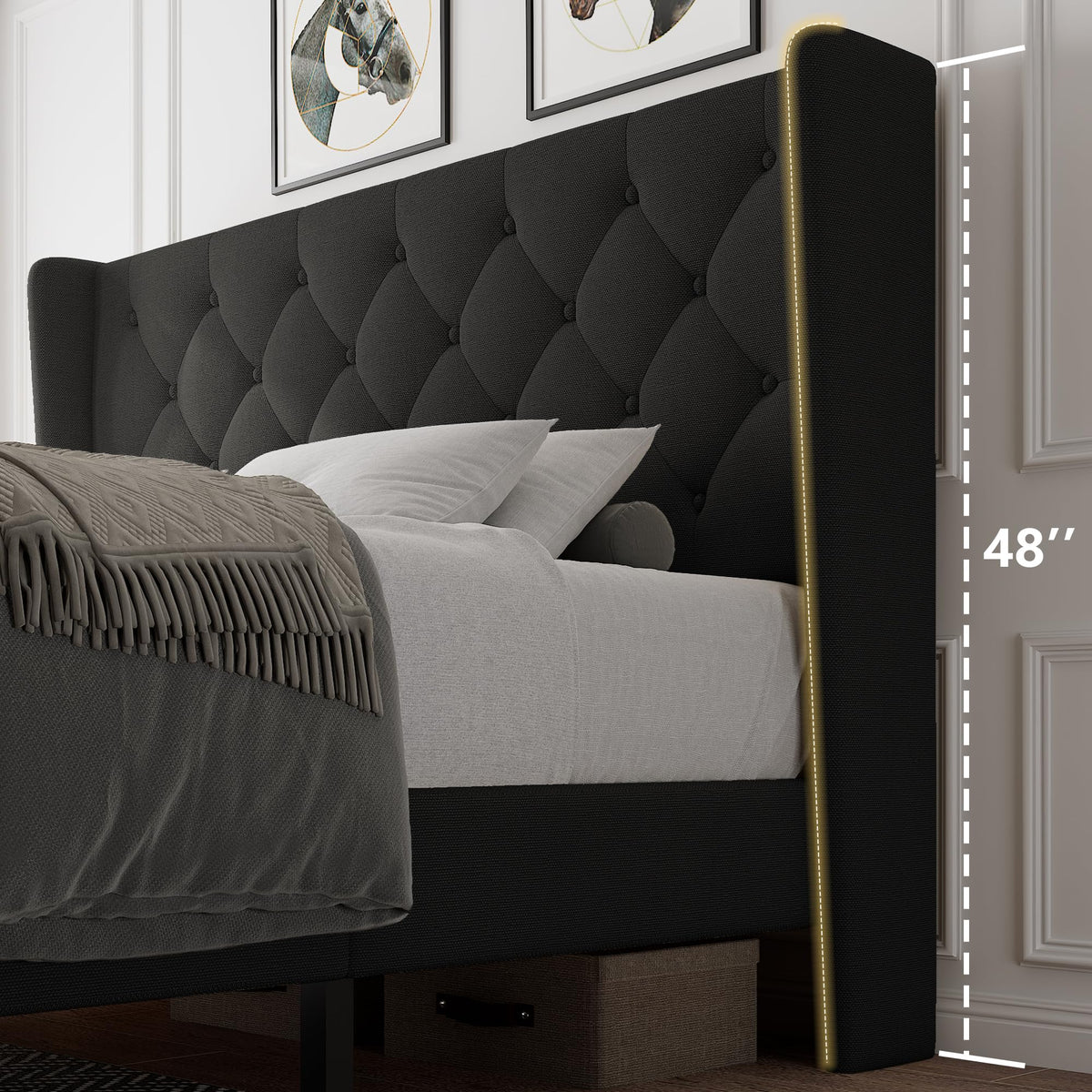 Queen Size Upholstered Platform Bed Frame with Tufted Headboard V6981